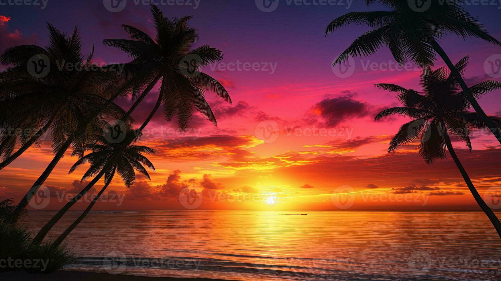 silhouettes of palm trees on a tropical beach at sunset photo