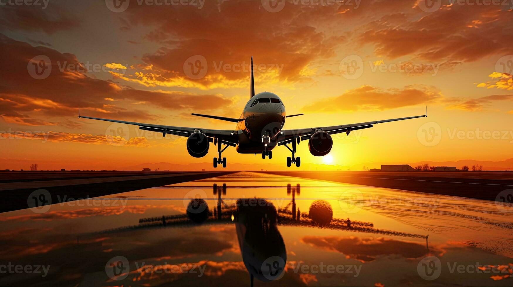 avión llega volador bajo con escénico puesta de sol fondo. silueta concepto foto