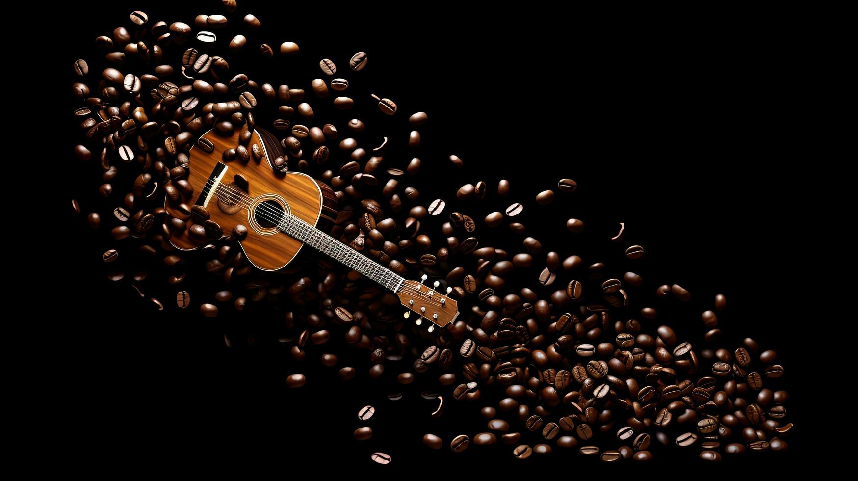 Coffee beans shaped into music notes and guitar outline isolated on a white background. silhouette concept photo