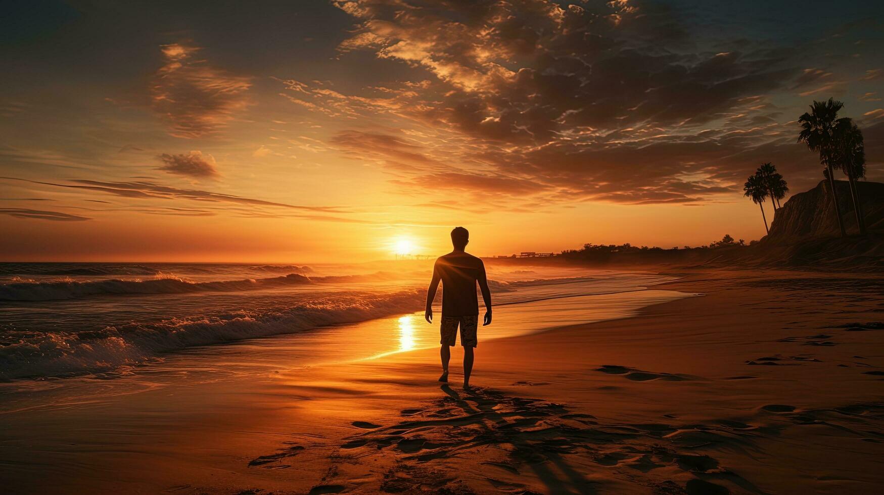 Surfer boy silhouette at beach sunset photo