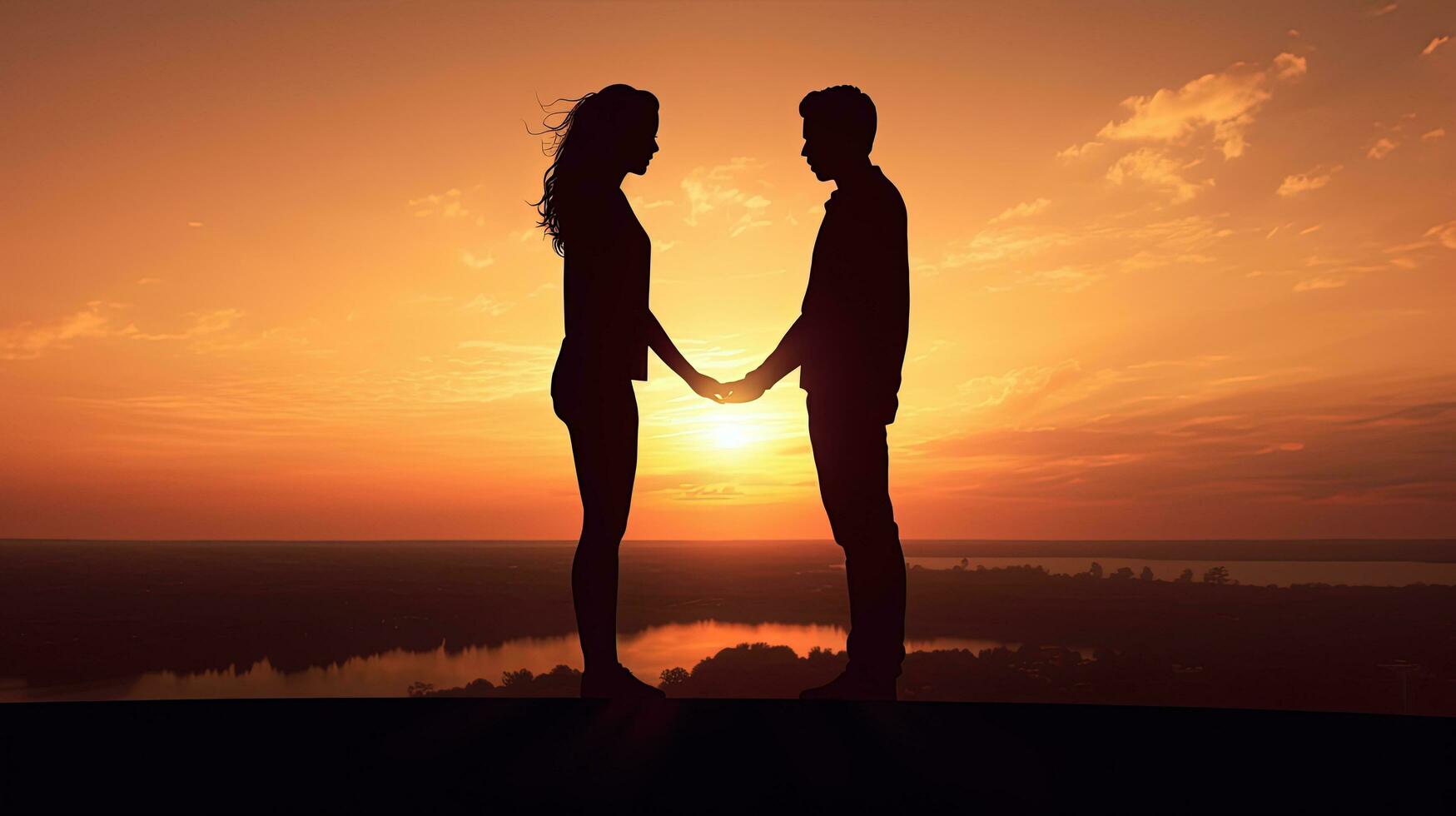 Couple holding hands facing each other at sunset. silhouette concept photo