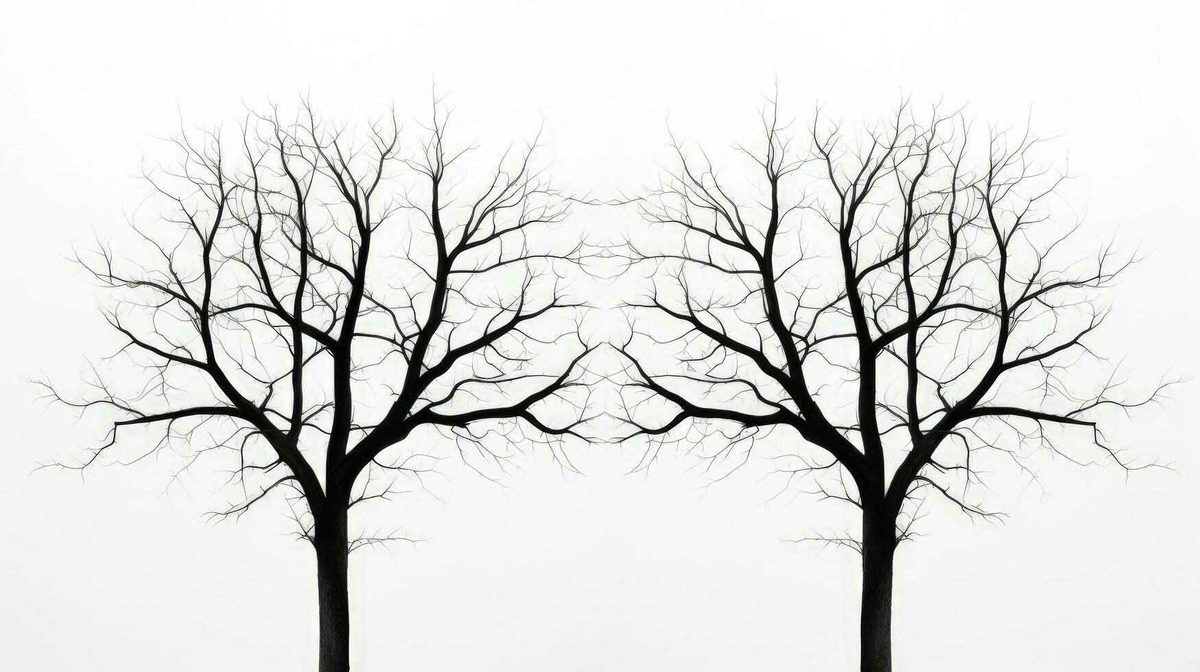 Photo of black twin trees with no leaves against a white backdrop. silhouette concept