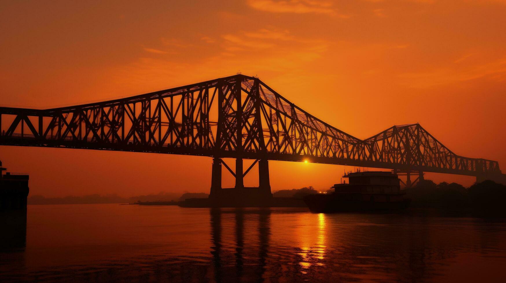 Sunrise silhouette of Howrah Bridge a suspended span over the Hooghly River in West Bengal photo