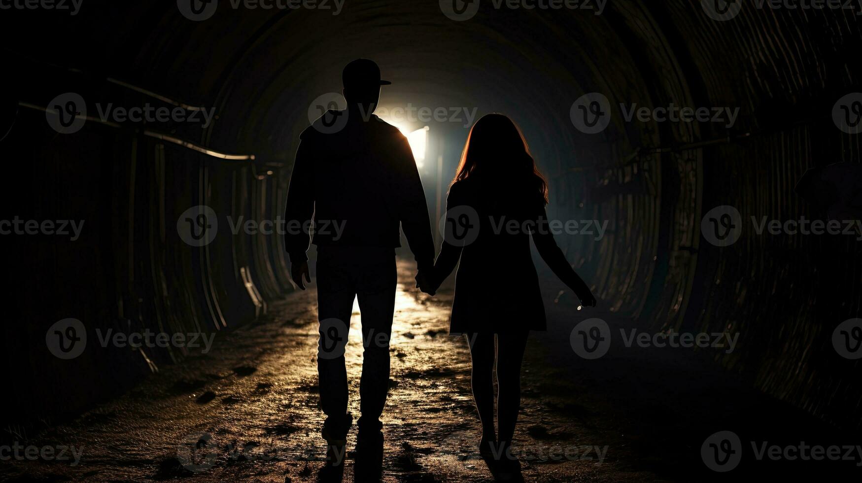 Silhouetted couple walking through railway tunnel towards bright light at the other end holding hands From behind photo