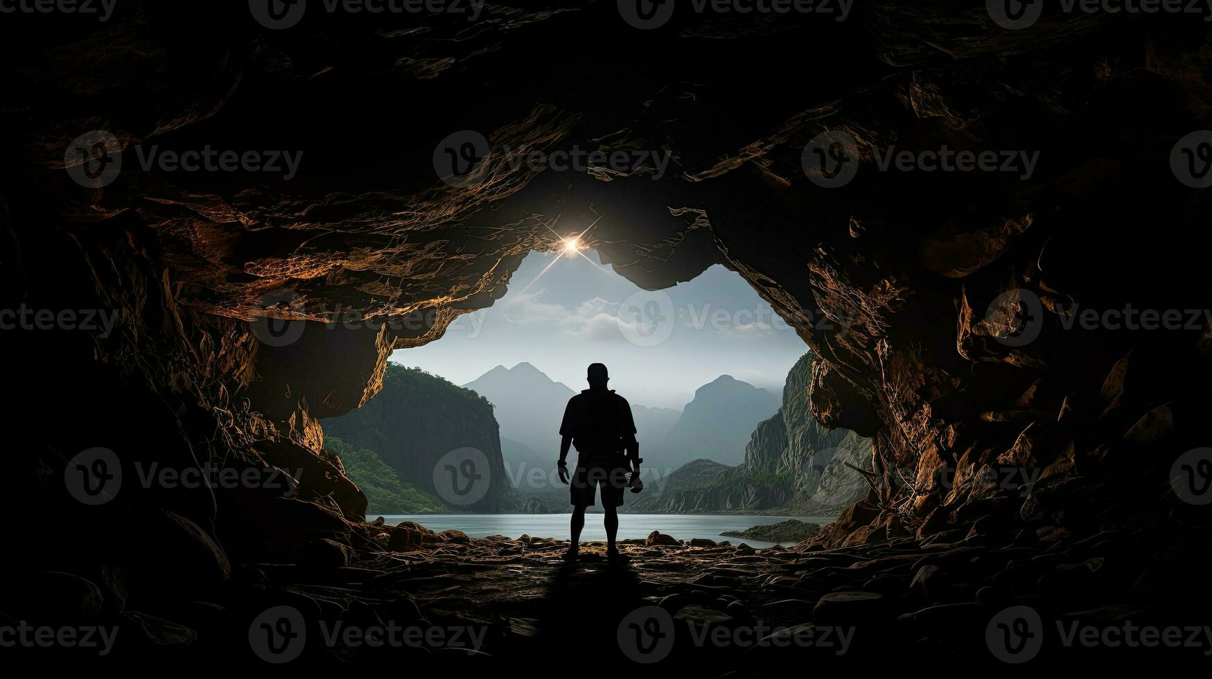 cave explorer s shadow. silhouette concept photo