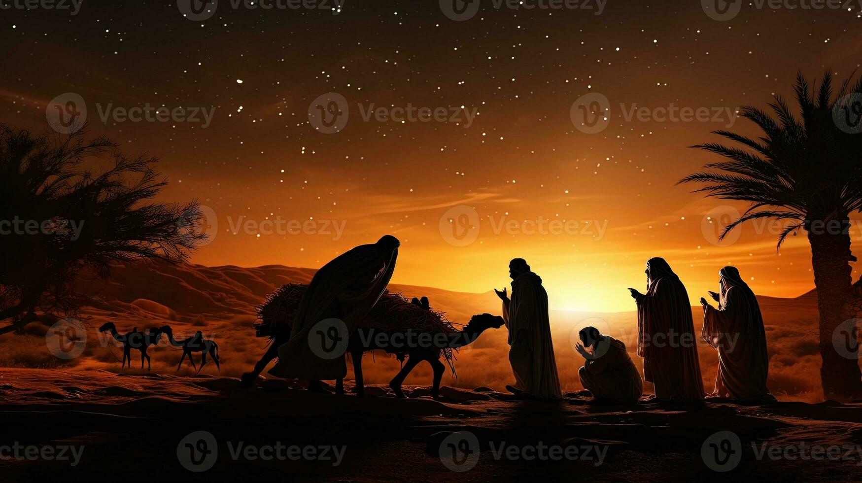 Evening desert nativity scene during Christmas. silhouette concept photo