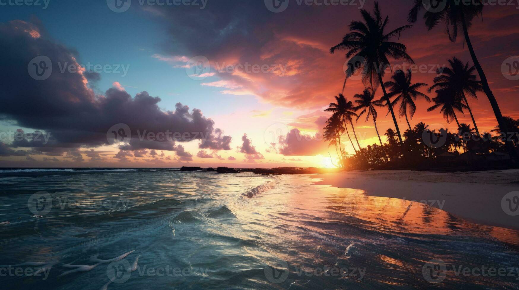 Stunning palms silhouetted against ocean at sunset photo