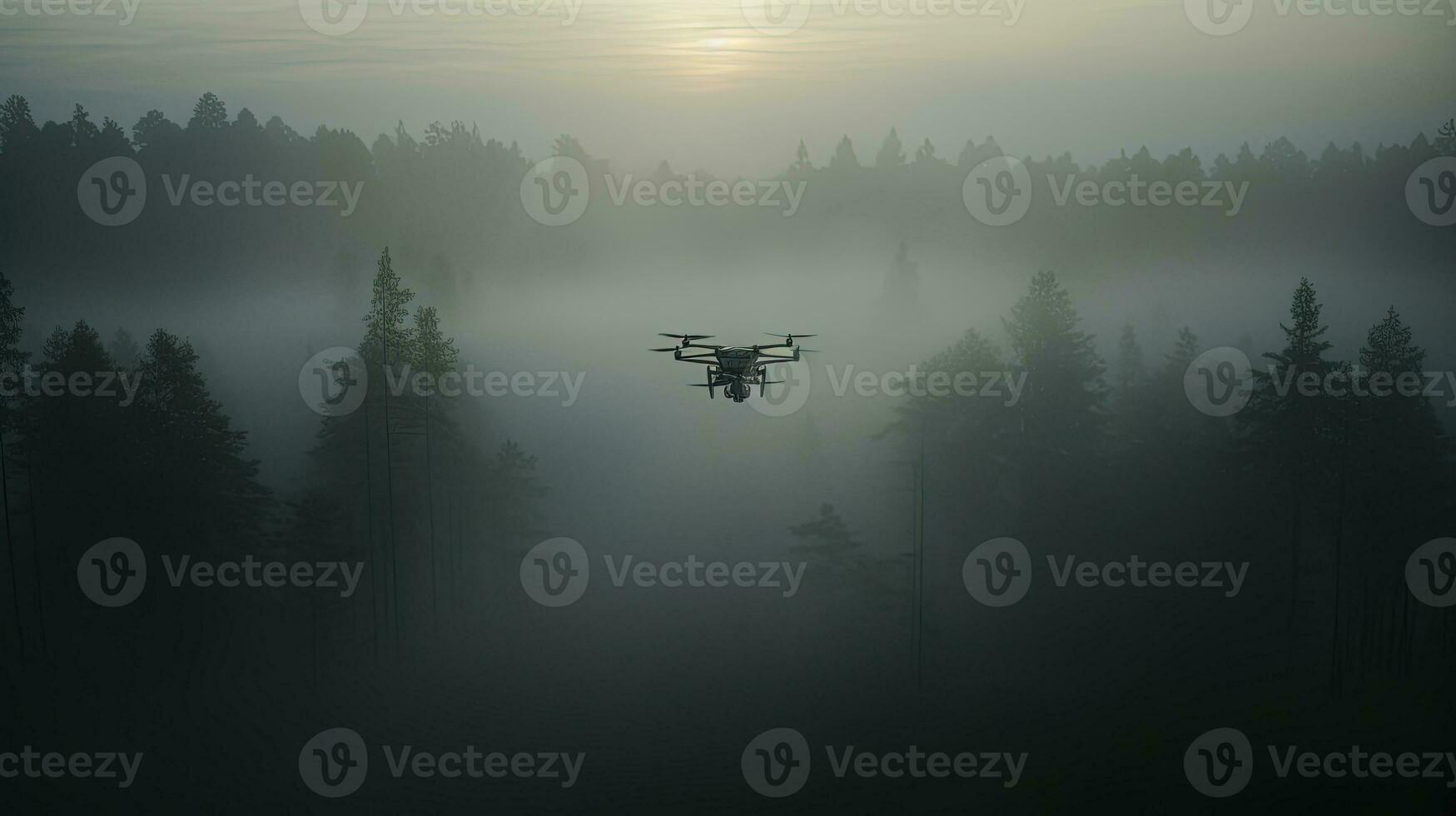 Early morning sunlight illuminates thick atmospheric fog enveloping a forest of trees as viewed from above by a drone. silhouette concept photo
