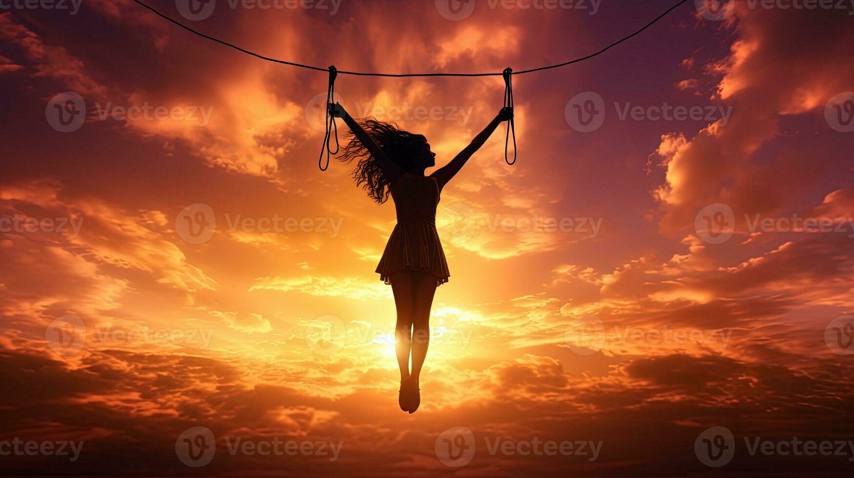 Girl gymnast flying on a rope in the sky against a sunset backdrop. silhouette concept photo