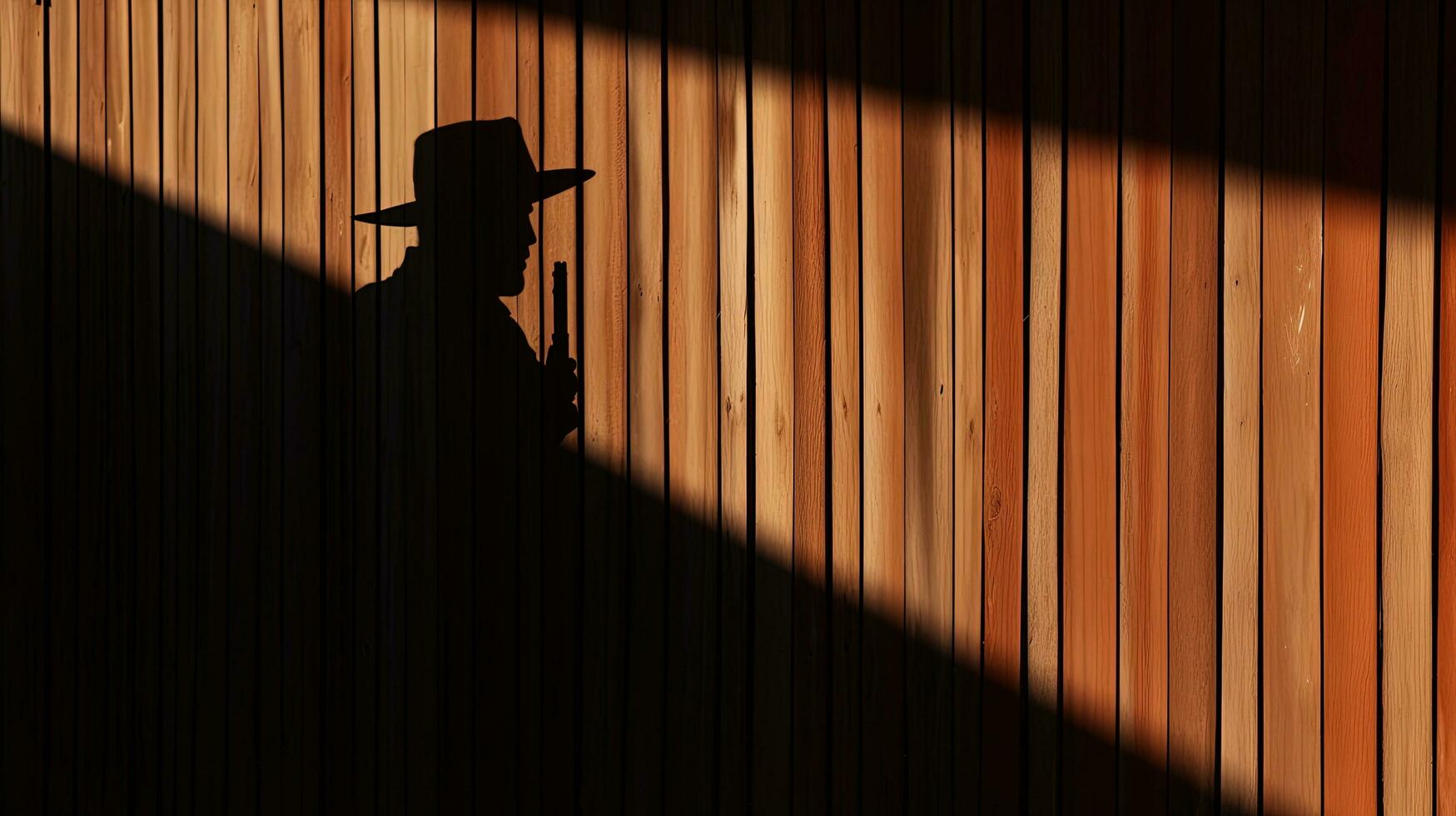 Silhouette of an armed male on a wooden fence photo