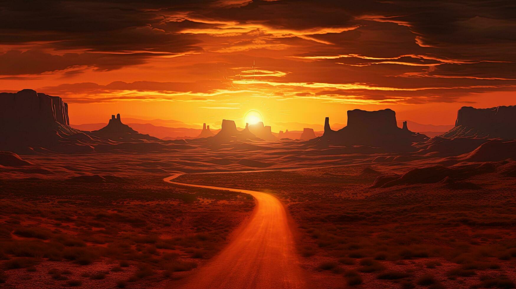 Sunrise on scenic road heading to Monument Valley Park in Utah. silhouette concept photo