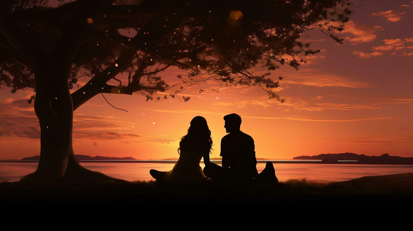 Couple s silhouette picnicking seaside photo