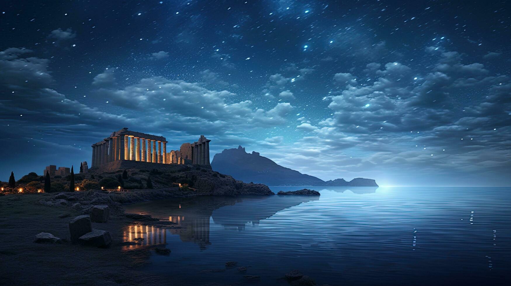 Poseidon s temple under a night sky filled with stars. silhouette concept photo