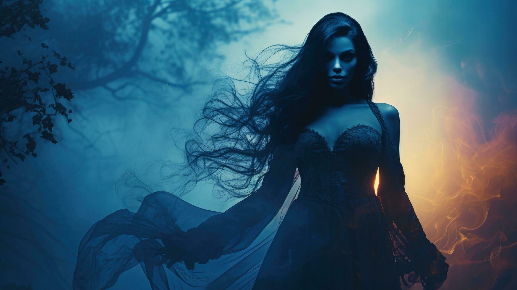 Eerie woman in dimly lit forest casting a fiery spell with her hands a queen with vampire like powers wearing vintage medieval attire and a haunting Halloween aes. silhouette concept photo