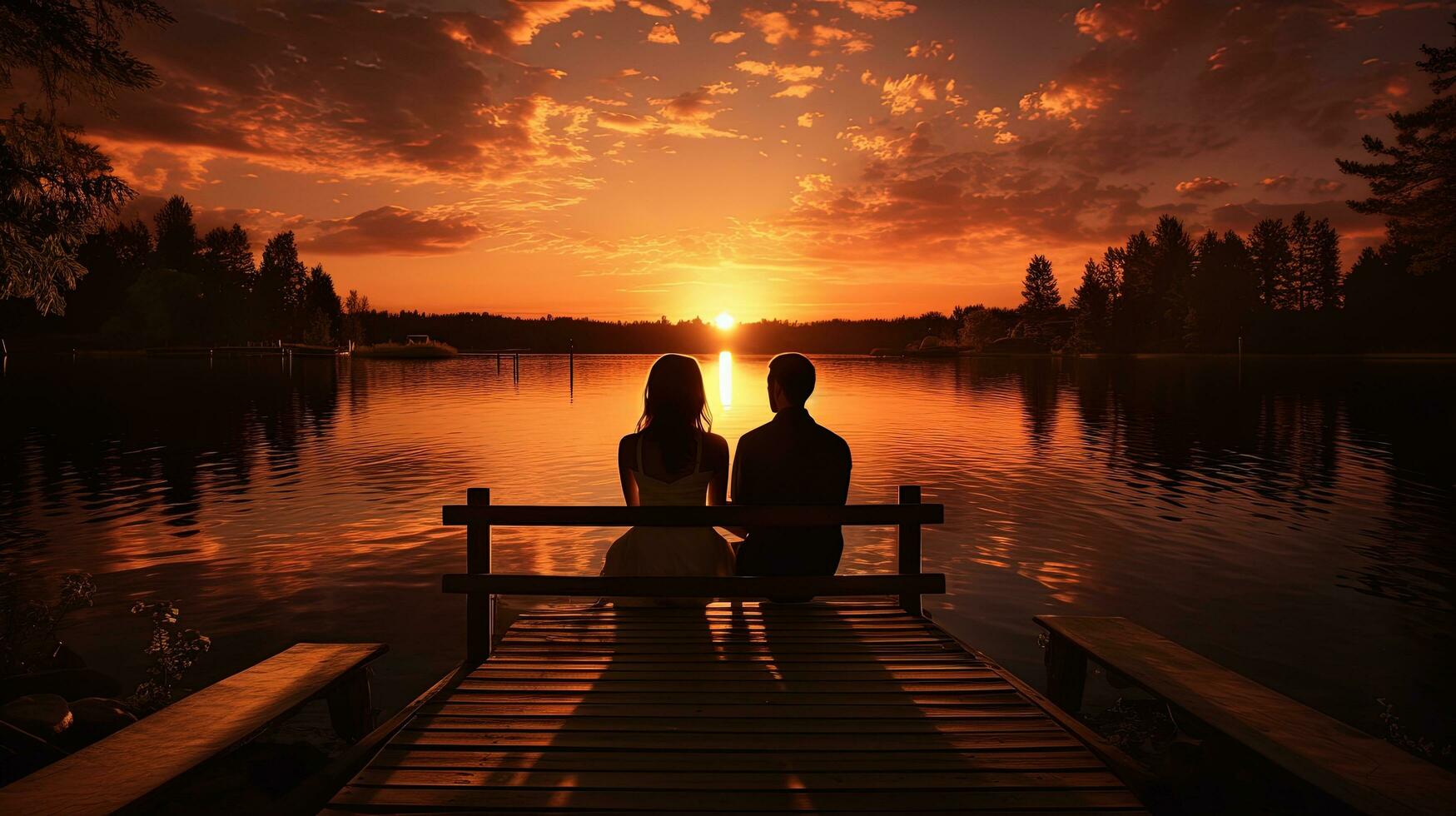 Couple on a lake dock watching the sunset at their wedding. silhouette concept photo