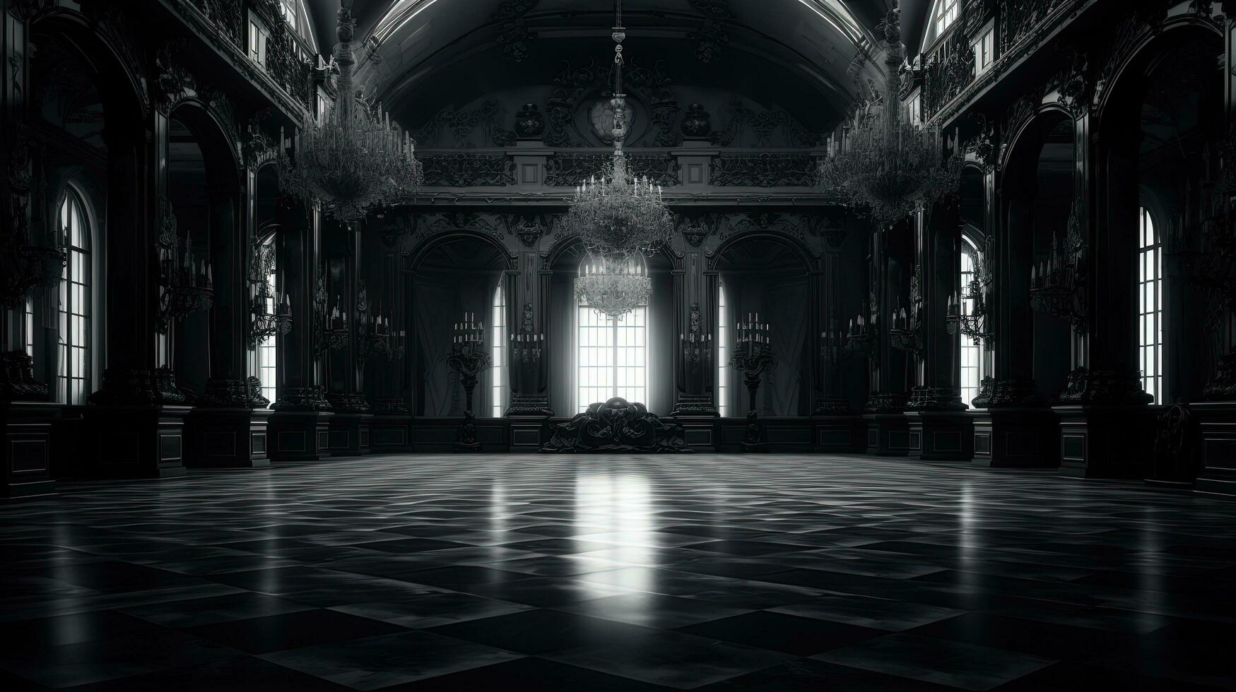 The aged opulent palace hall with monochrome tones. silhouette concept photo