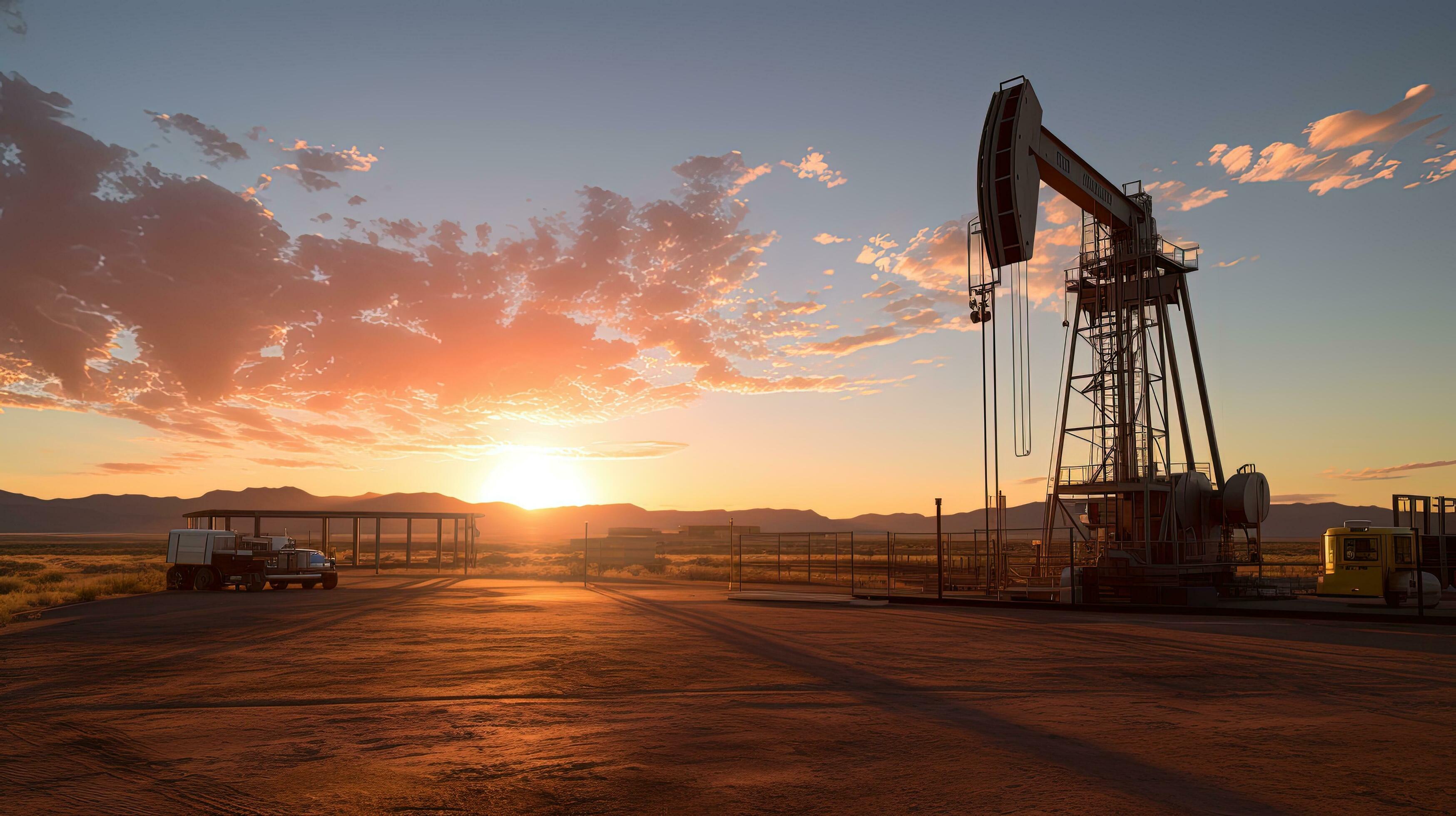 Drilling rig in the Permian Basin with a sunrise view of the West Texas