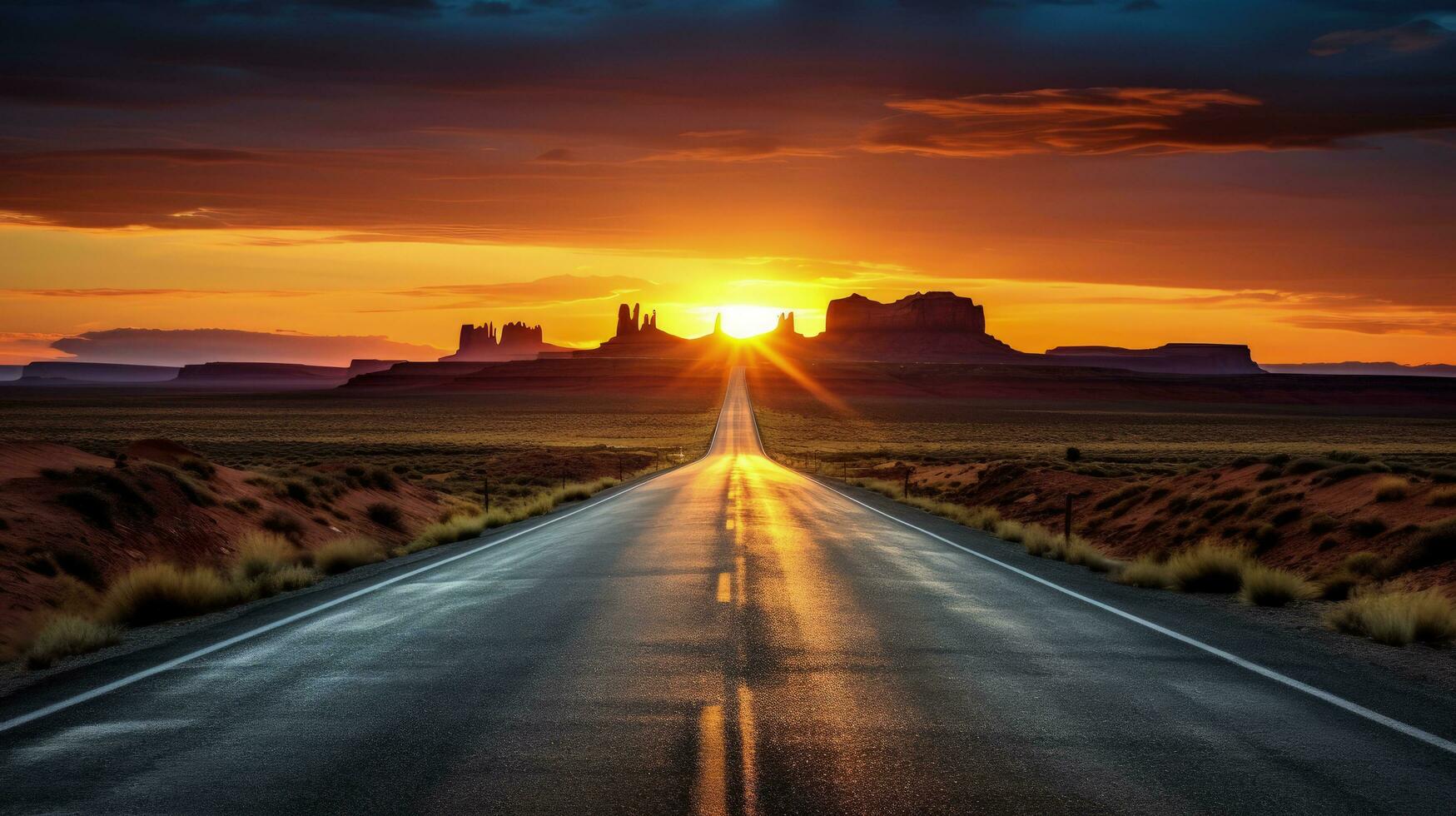 Sunrise on scenic road heading to Monument Valley Park in Utah. silhouette concept photo