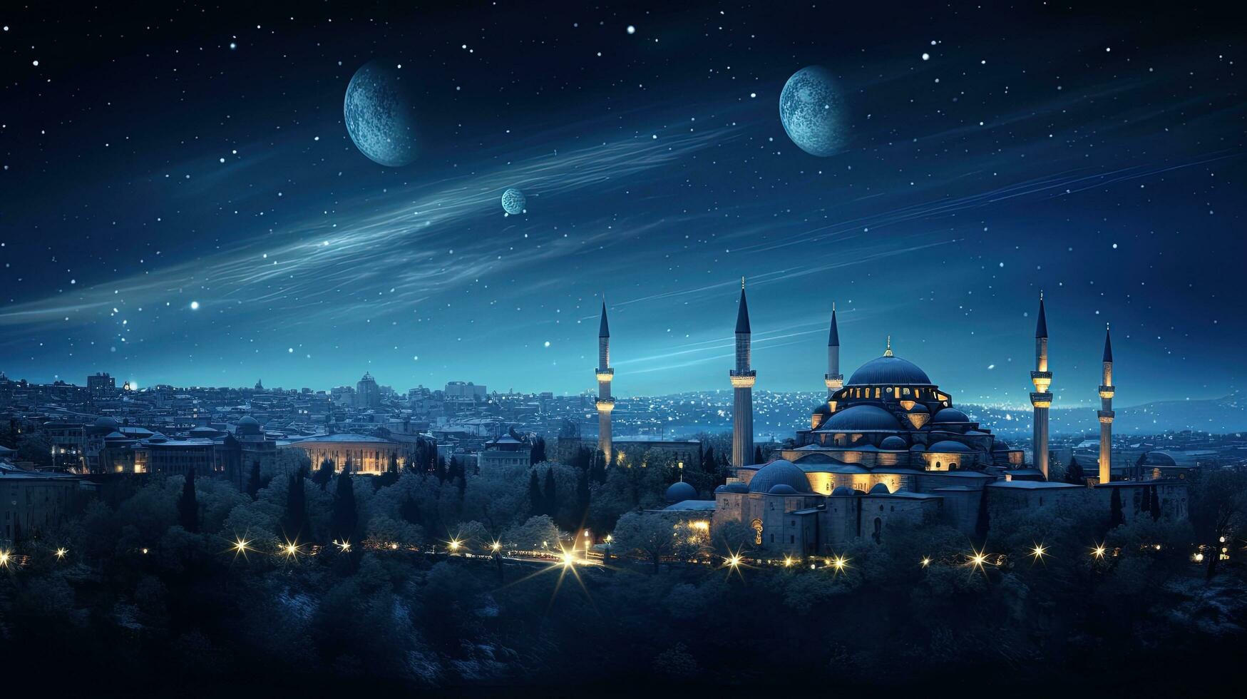 Istanbul Turkey with historical landmarks and a starry night sky. silhouette concept photo