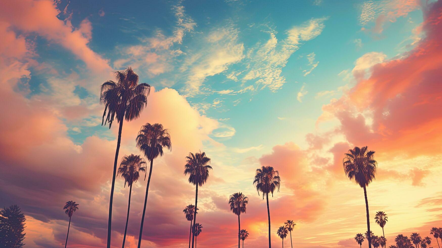 Color toned image of palm tree silhouettes and clouds over Tel Aviv city in a vintage shot with a cross process effect photo