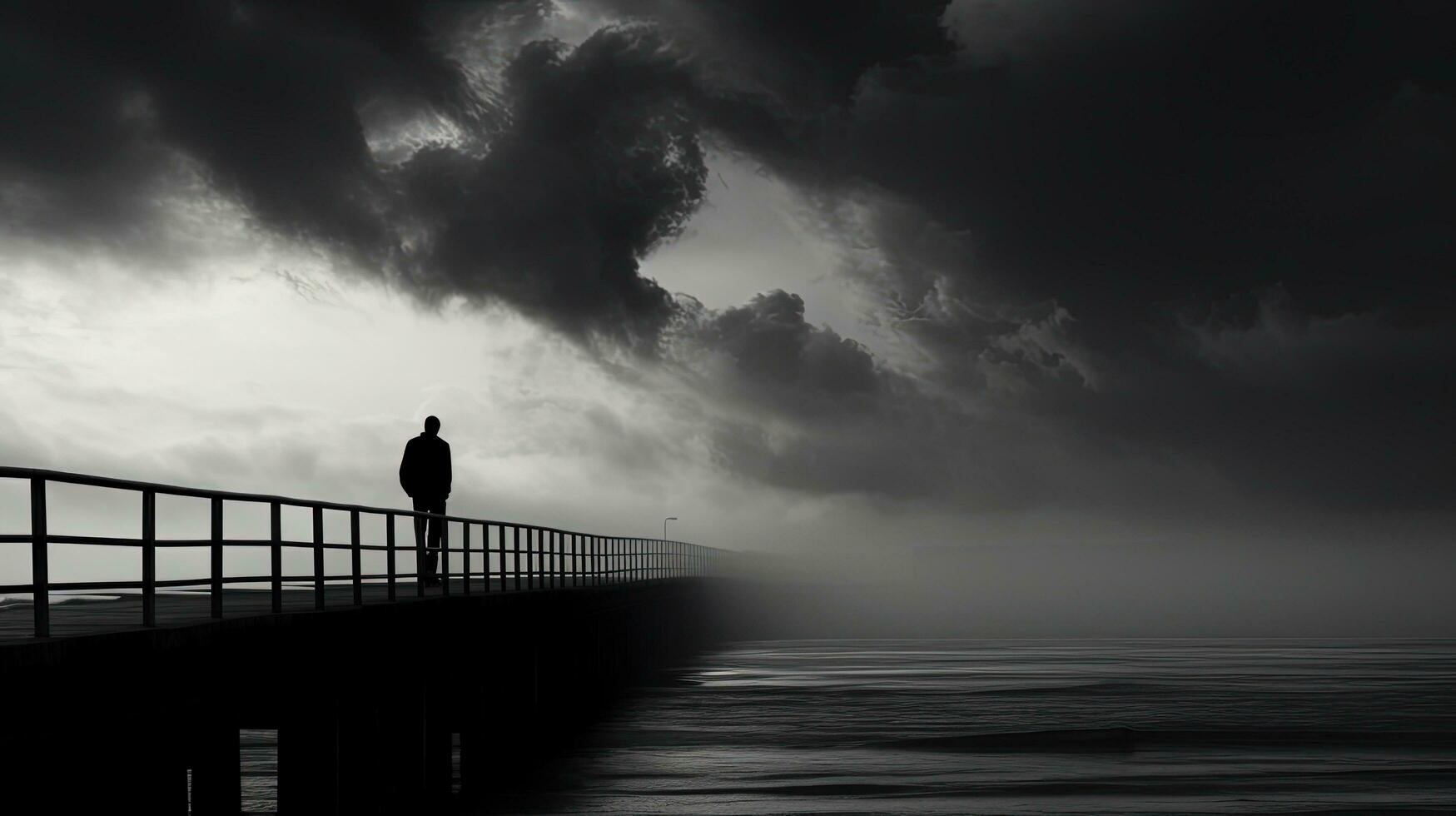 Man on pier observing monochromatic seascape. silhouette concept photo