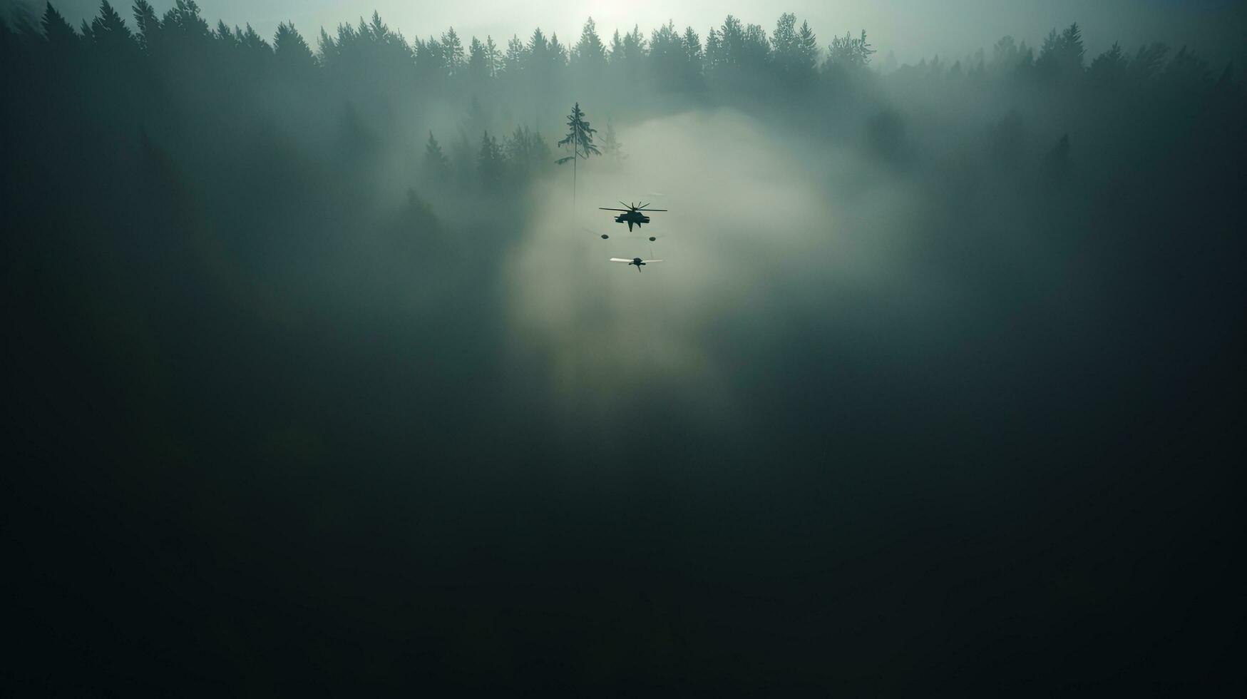 Early morning sunlight illuminates thick atmospheric fog enveloping a forest of trees as viewed from above by a drone. silhouette concept photo
