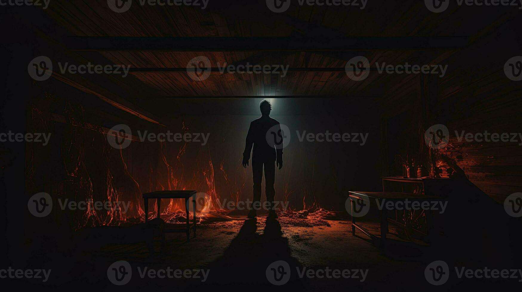 Eerie shadow in deserted building Horror involving deranged figure or dim hallway with cabinets and lights featuring spooky person in various poses. silhouette concept photo