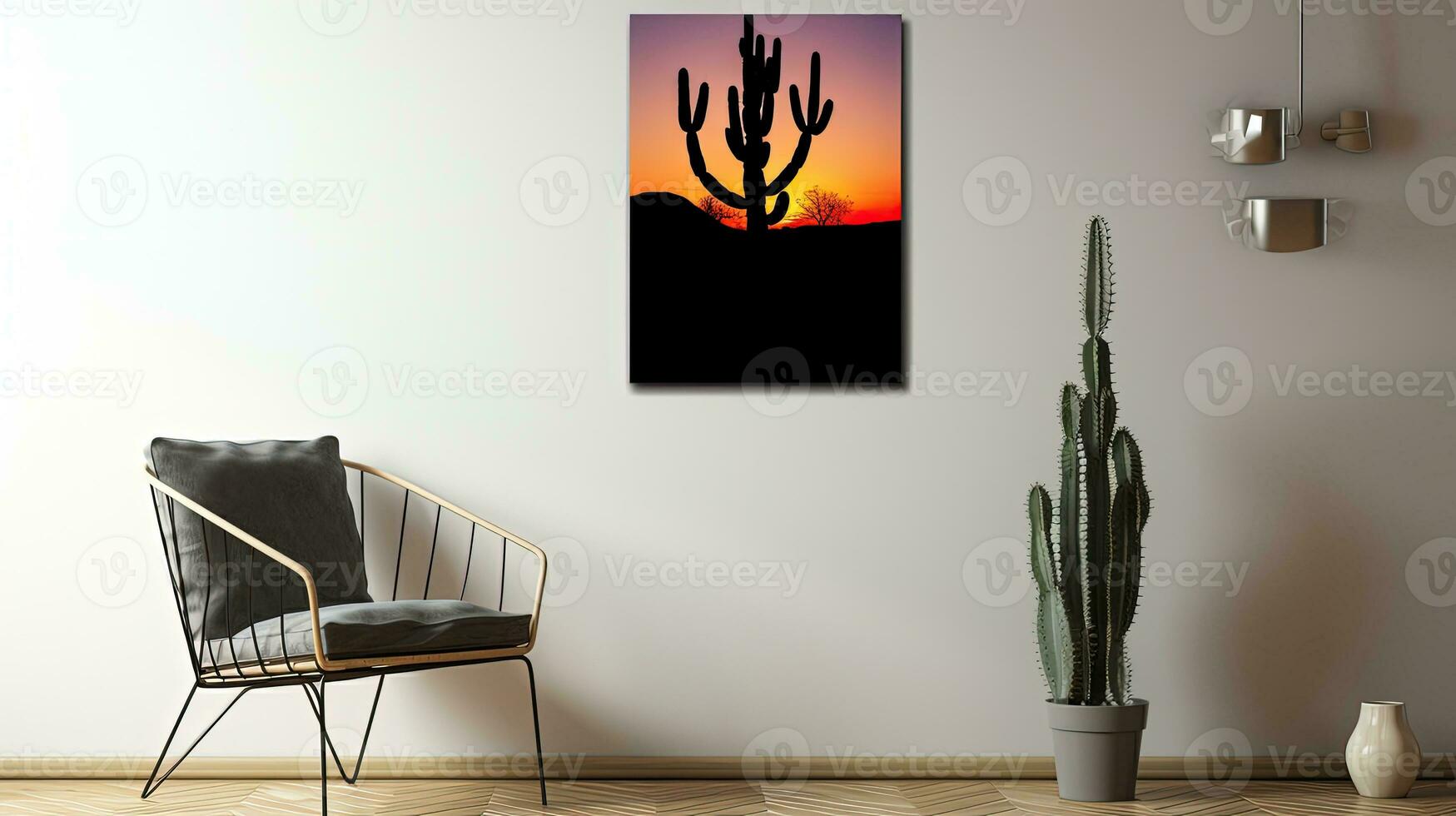 Arizona desert in United States has a vibrant sunrise with cactus tree silhouettes photo