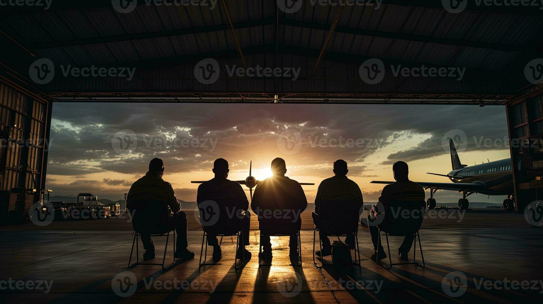 A person sits in the chair at the far right scratching his head as four chairs occupy the open hangar door. silhouette concept photo