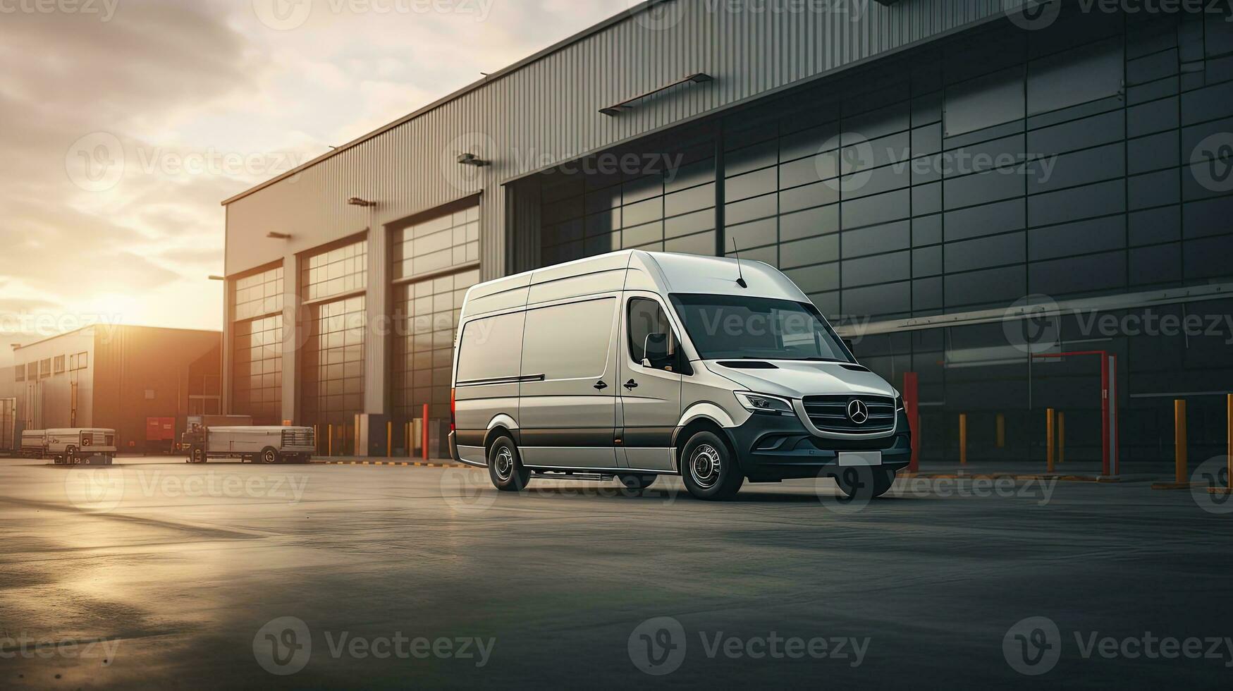 Cargo bus waiting for loading at logistic center while delivery minivan prepped for route. silhouette concept photo