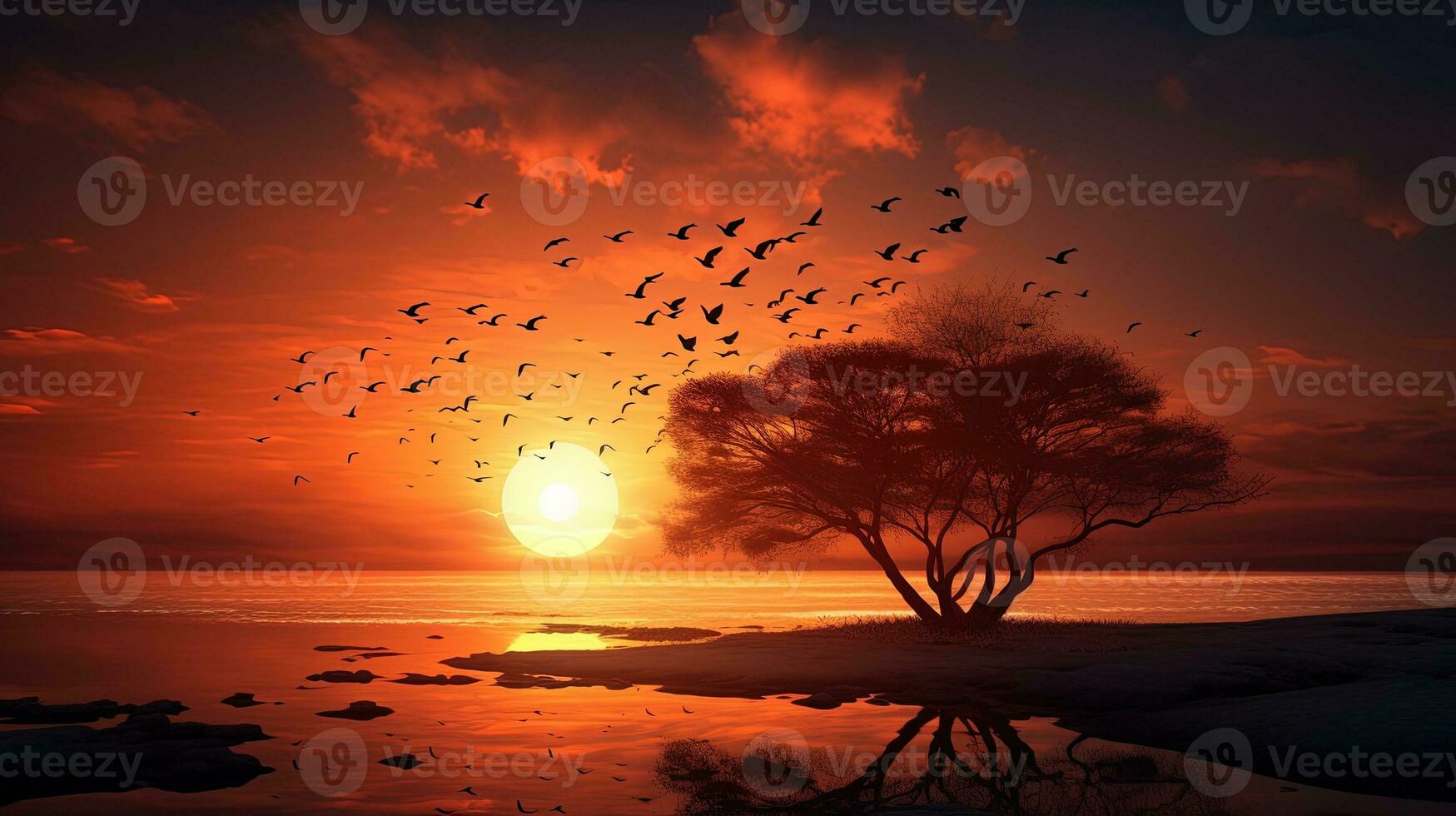 Birds flying by as the white sun highlights pearl clouds and tree silhouettes during an orange sunset photo
