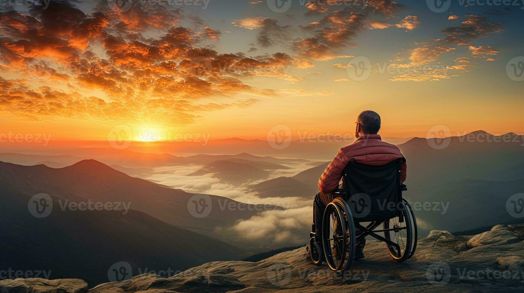 Wheelchair user enjoying sunset on scenic mountain. silhouette concept photo