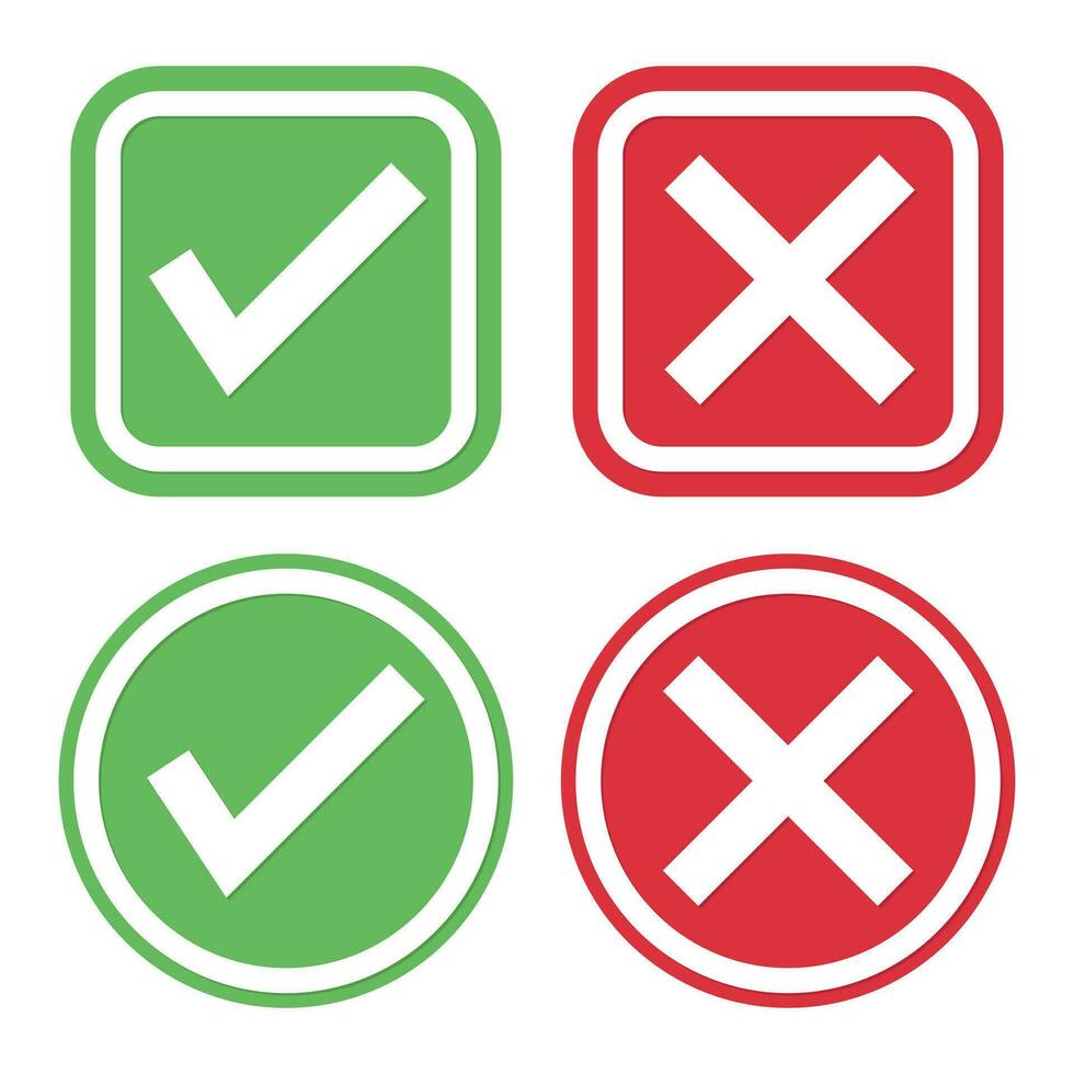 Check Mark Box Icon, Green Yes And Red No Sign, Tickmark Correct And Wrong Set Symbol, Check Mark Stickers Set, Cross, Approved Button And Reject Button, Set Of Glossy Button Vector Illustration