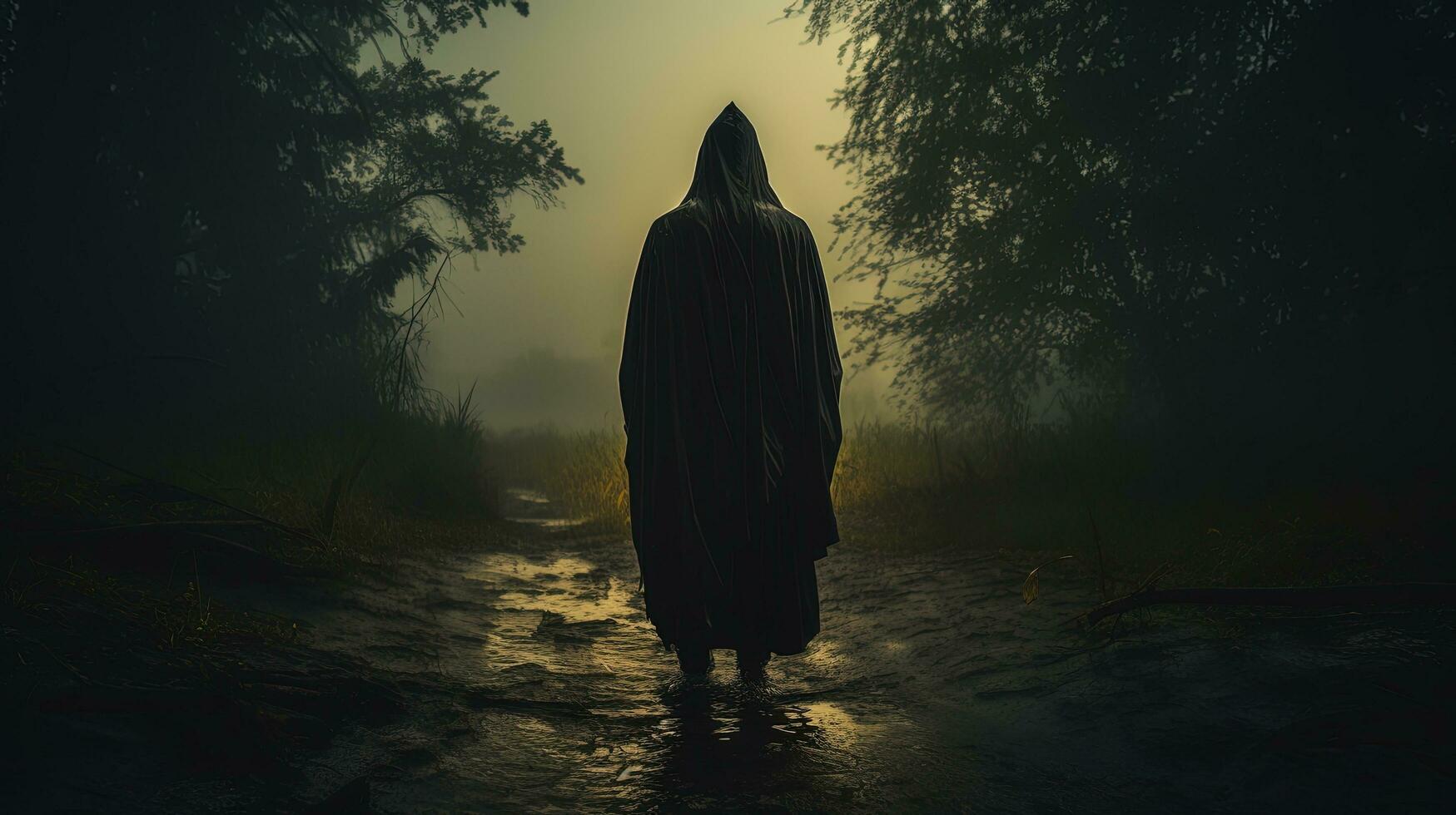 Observing a rainy country path gazing at a mysterious figure wearing a hood from behind. silhouette concept photo