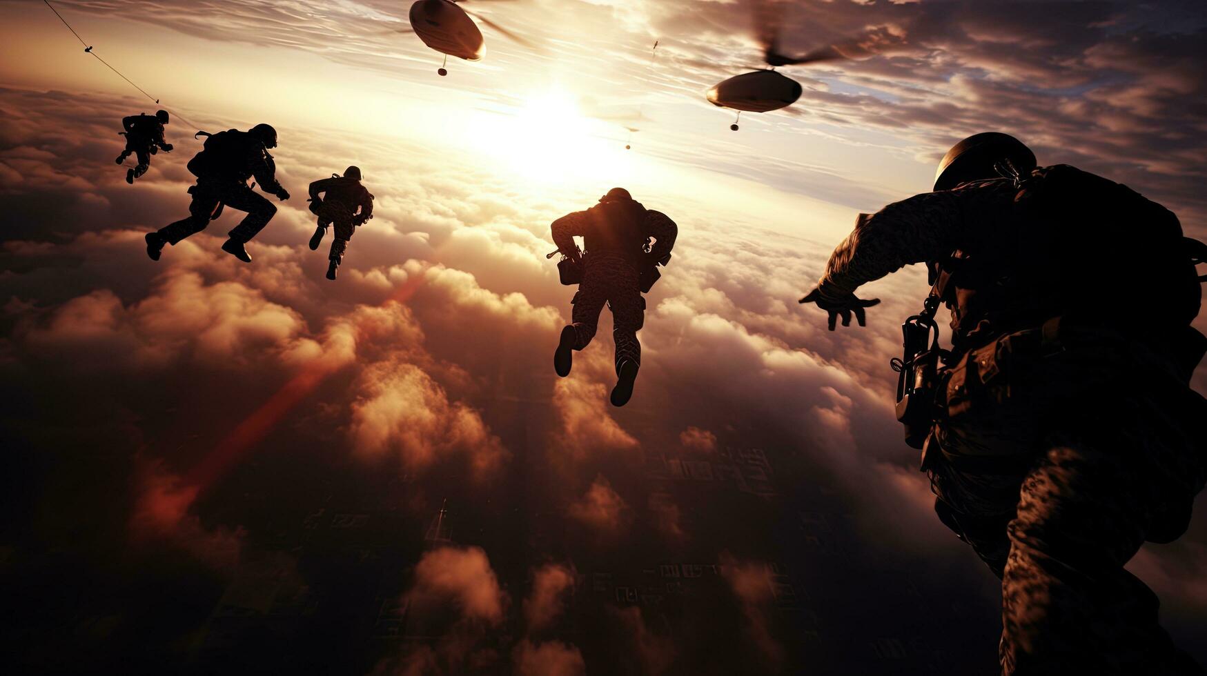 Army soldiers and paratroopers descending from an Air Force C 130 during an airborne operation. silhouette concept photo