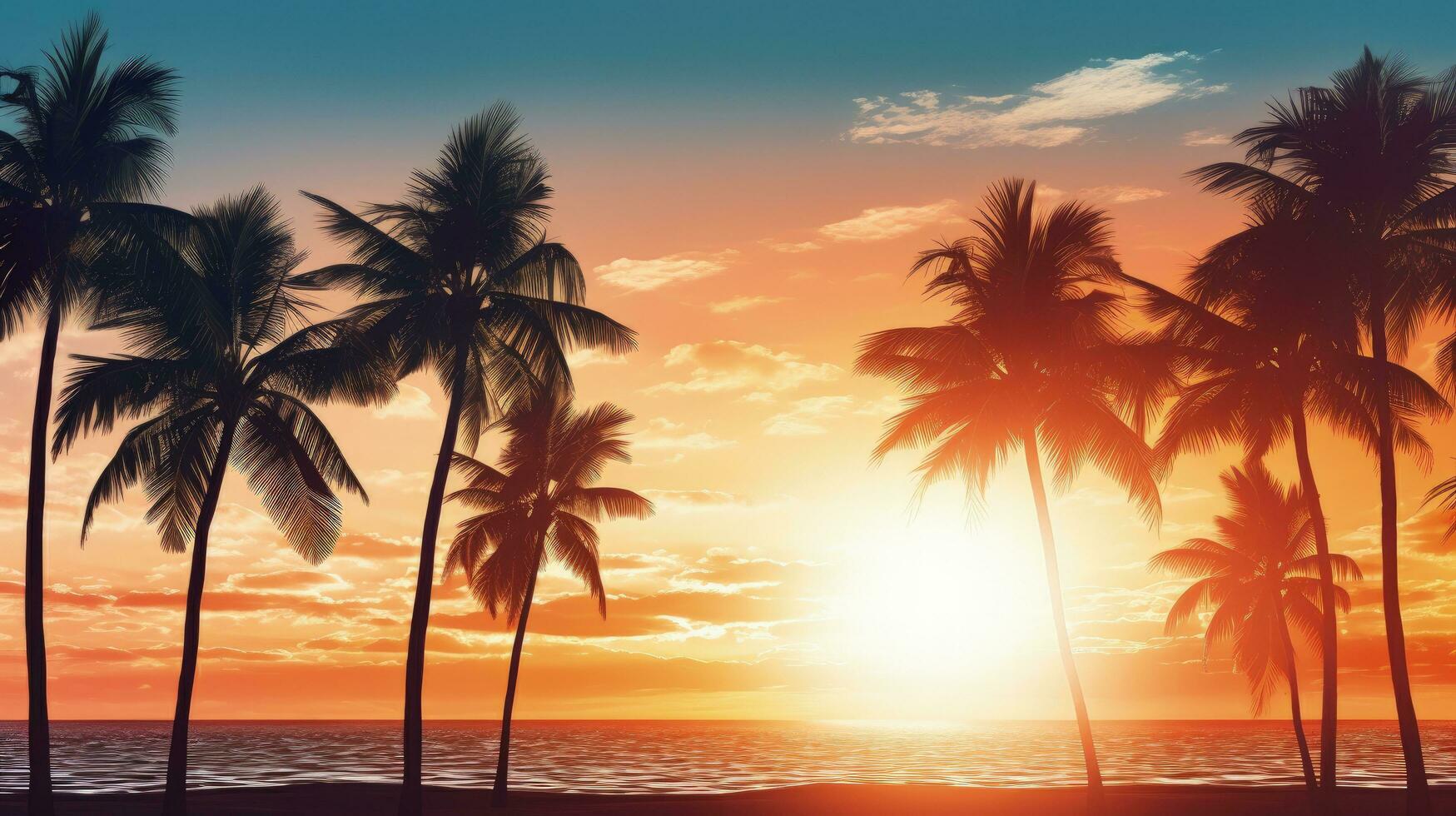 Sunlit palm trees in Miami s South Beach at dawn. silhouette concept photo