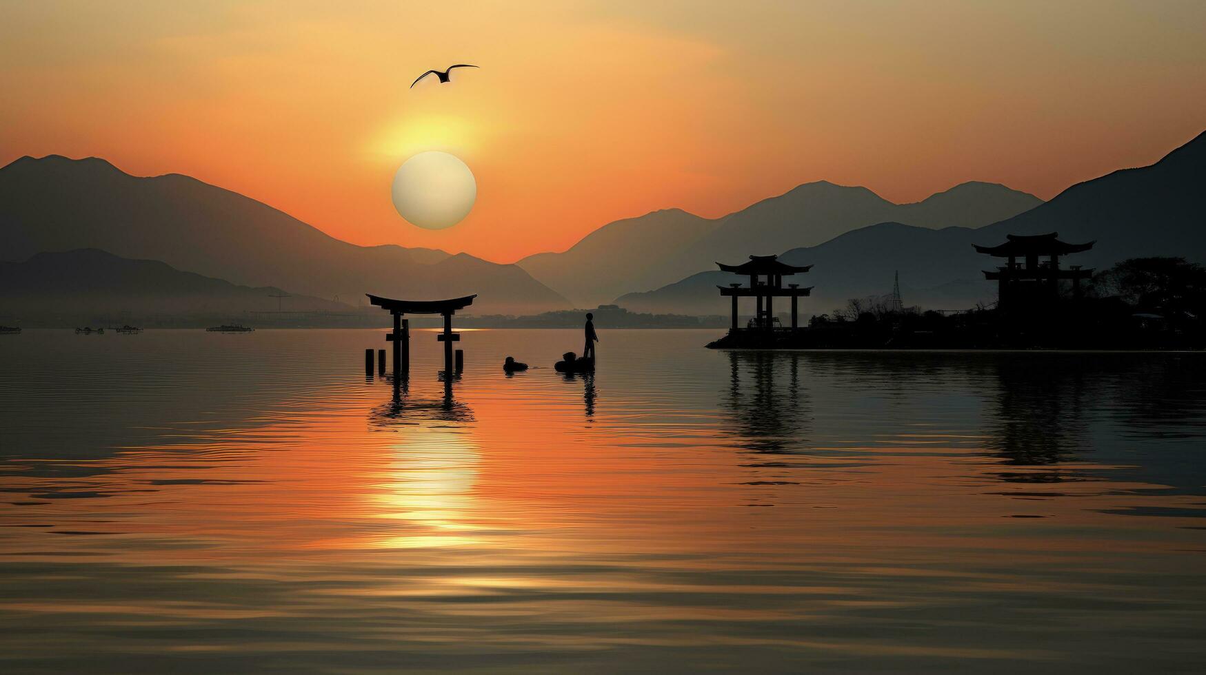 Beautiful morning seascape of the Seto Inland Sea in Japan. silhouette concept photo