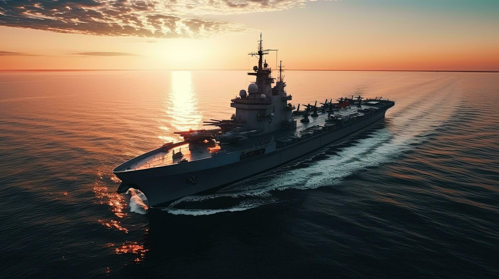 A bird s eye view of a warship at sea. silhouette concept photo