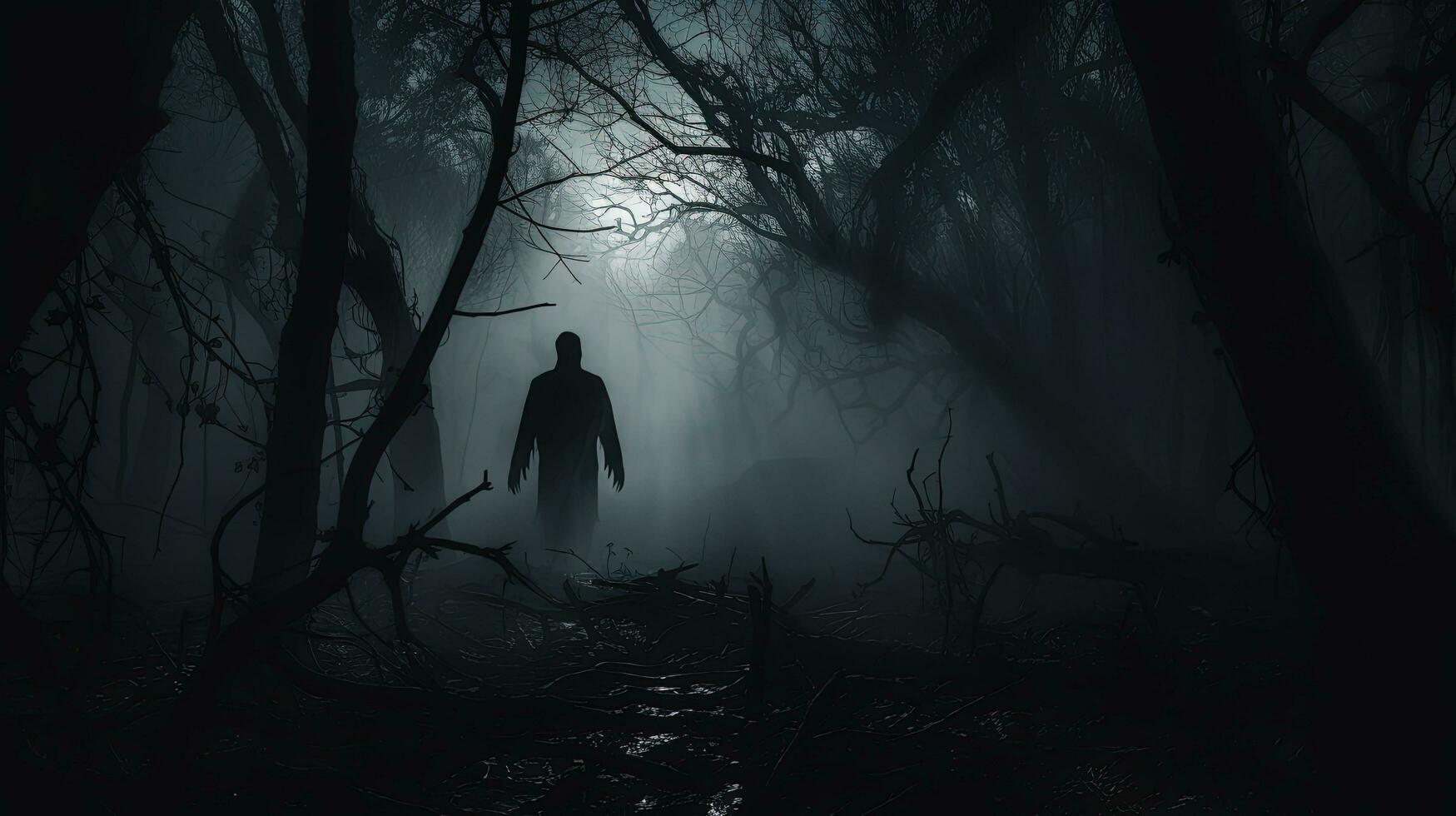 Eerie ghost in horrifying wooded scenery. silhouette concept photo