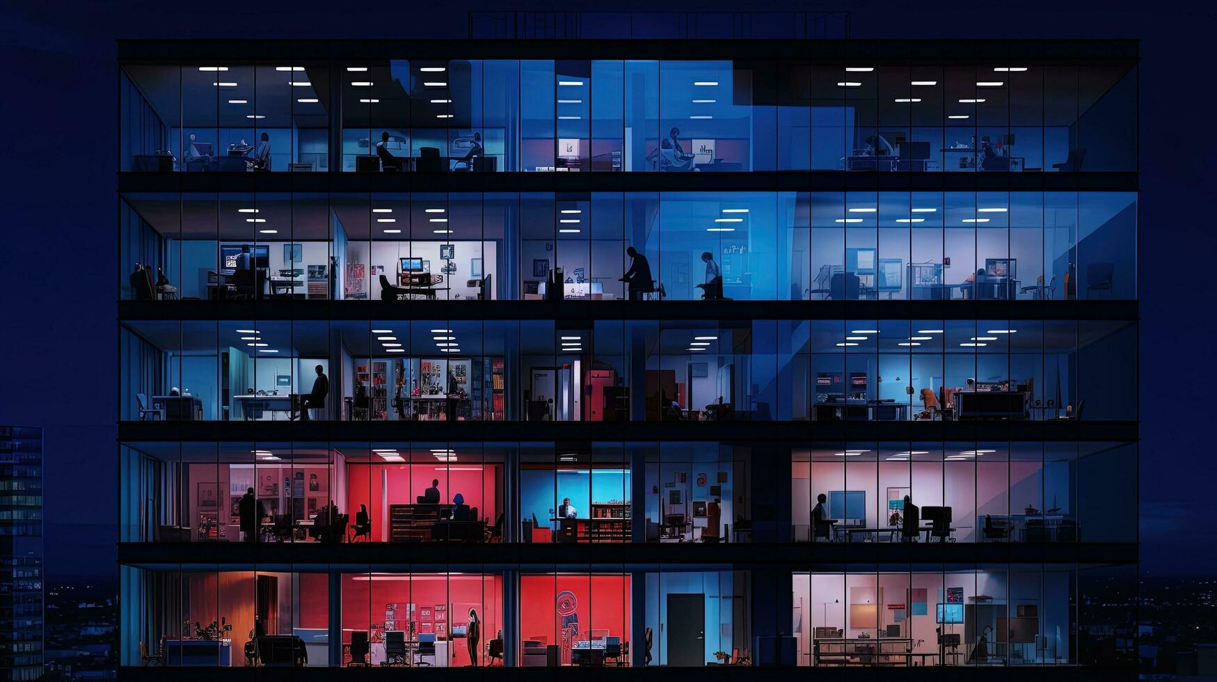 Late night overtime in a contemporary office building with workers and lights. silhouette concept photo
