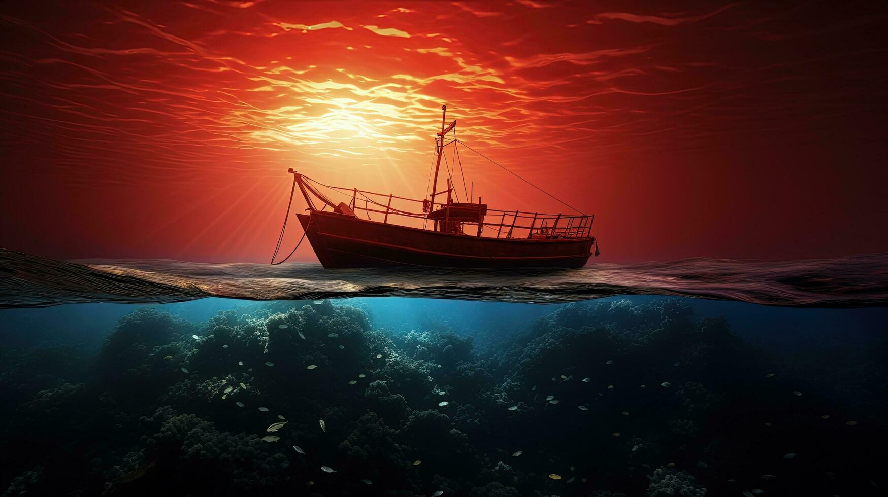 Boat anchored above vibrant reef illuminated by sunlight. silhouette concept photo