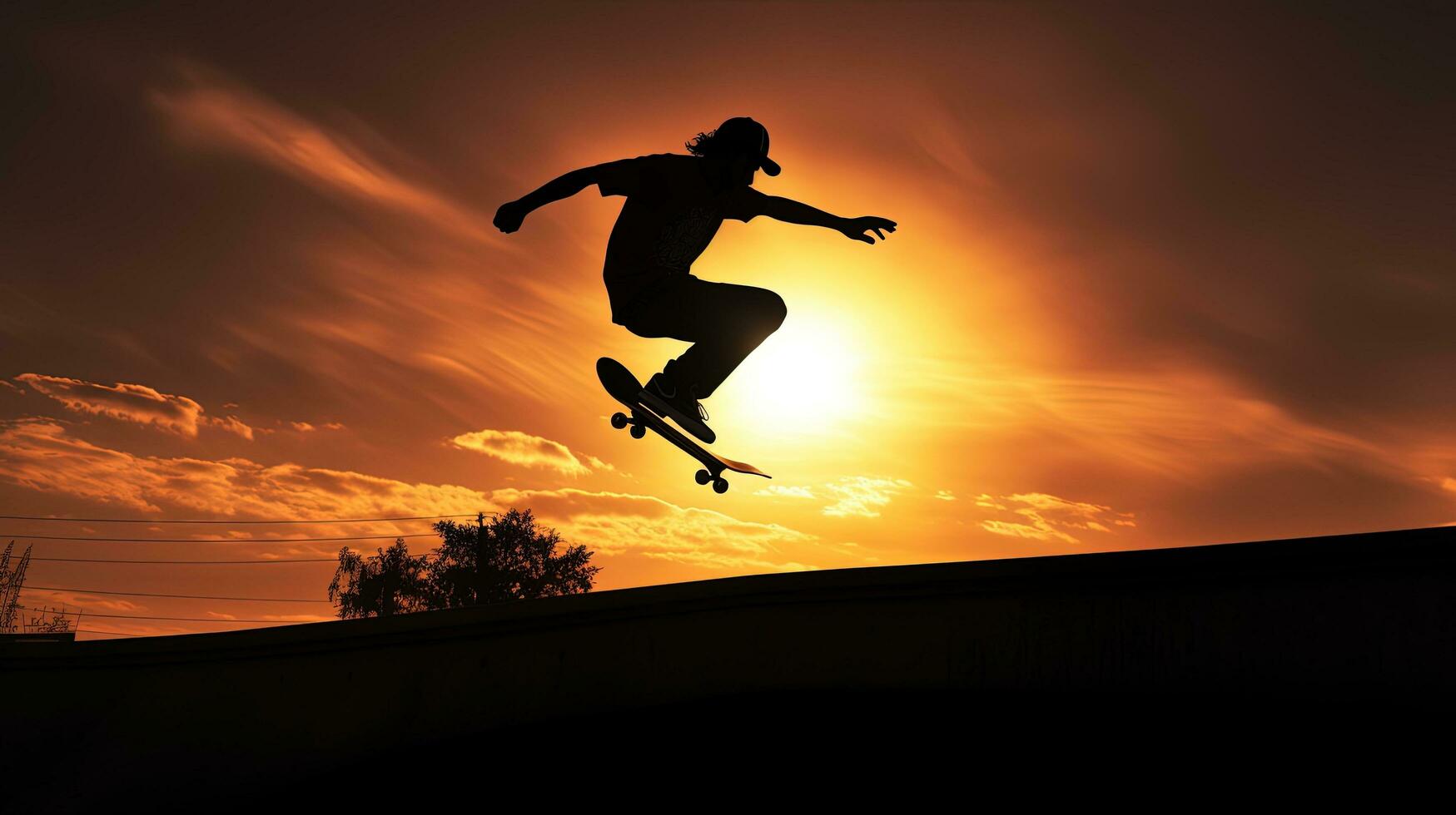 Skater s shadow leaping in the park. silhouette concept photo