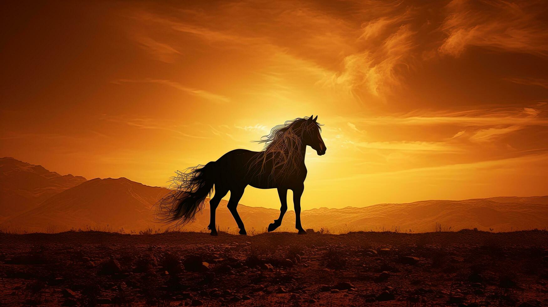 Sepia toned silhouette of Arabian horse grazing beneath sun photo