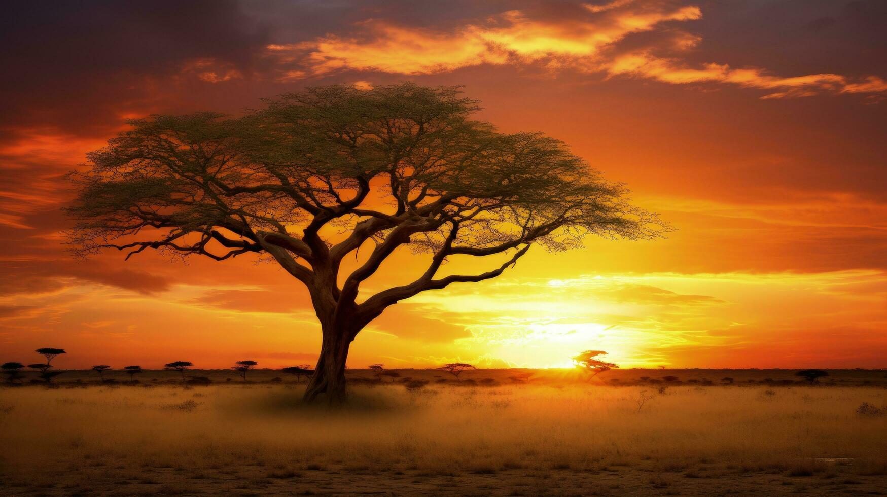 Sunset on African plains with acacia tree Kalahari desert South Africa. silhouette concept photo