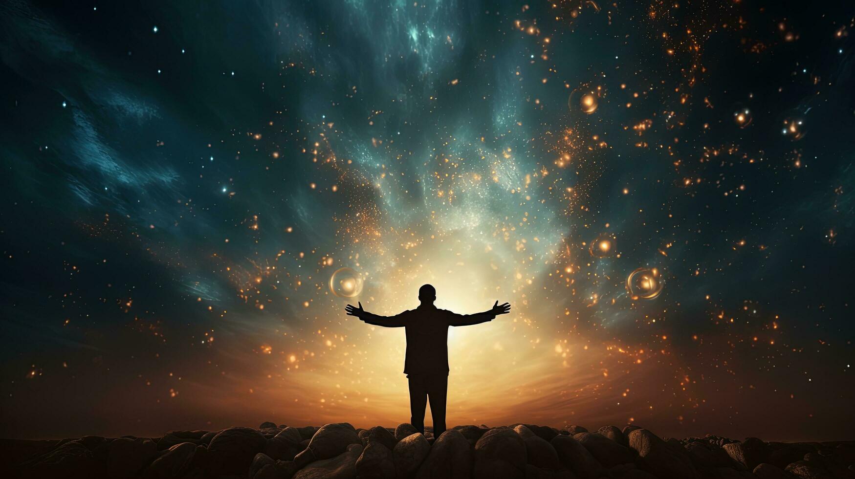 Man triumphantly standing before the vast expanse of the cosmos. silhouette concept photo