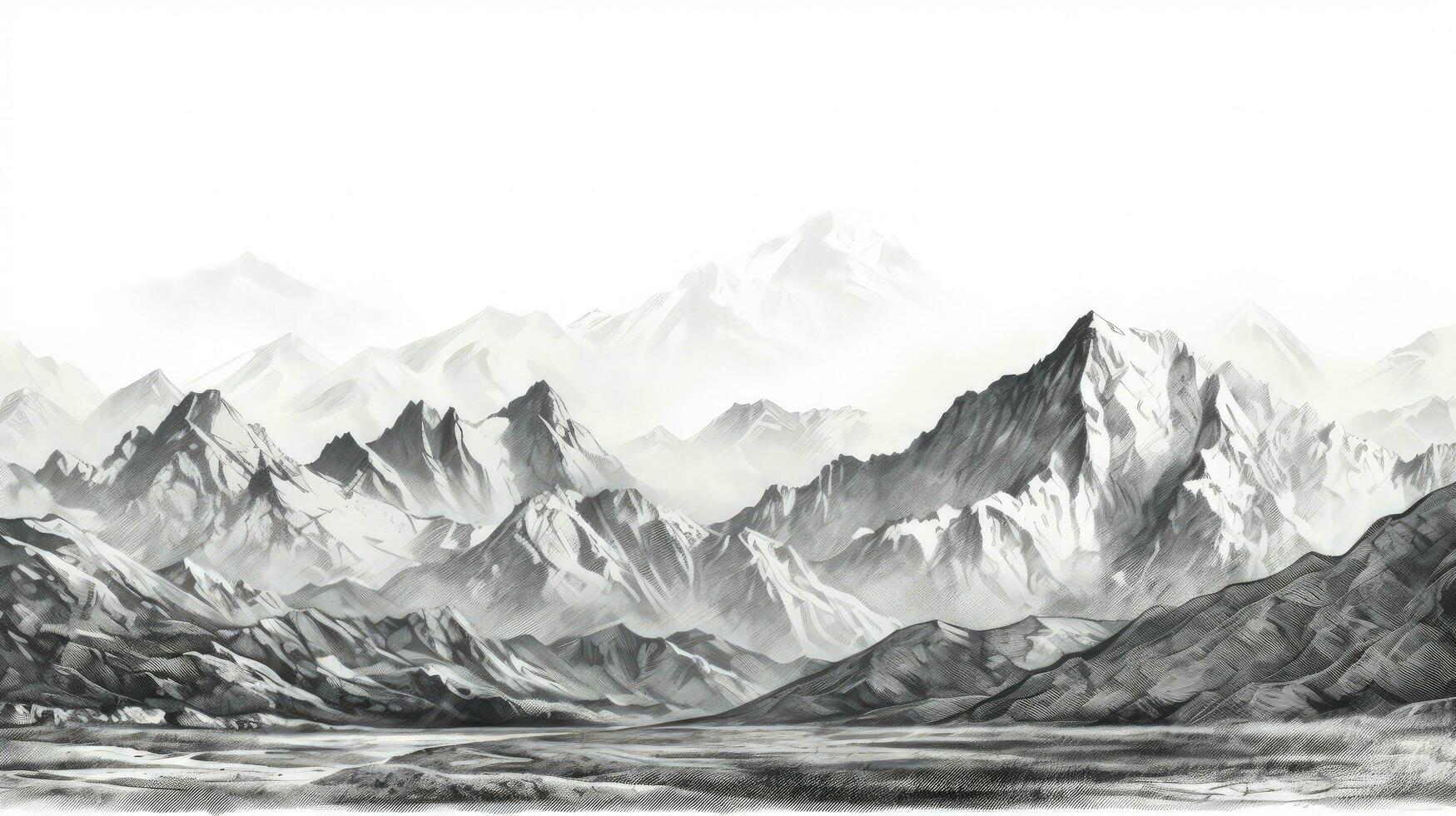 Black and white hand drawn pencil sketch of a mountain landscape with rocky peaks in a graphic style on a white background. silhouette concept photo