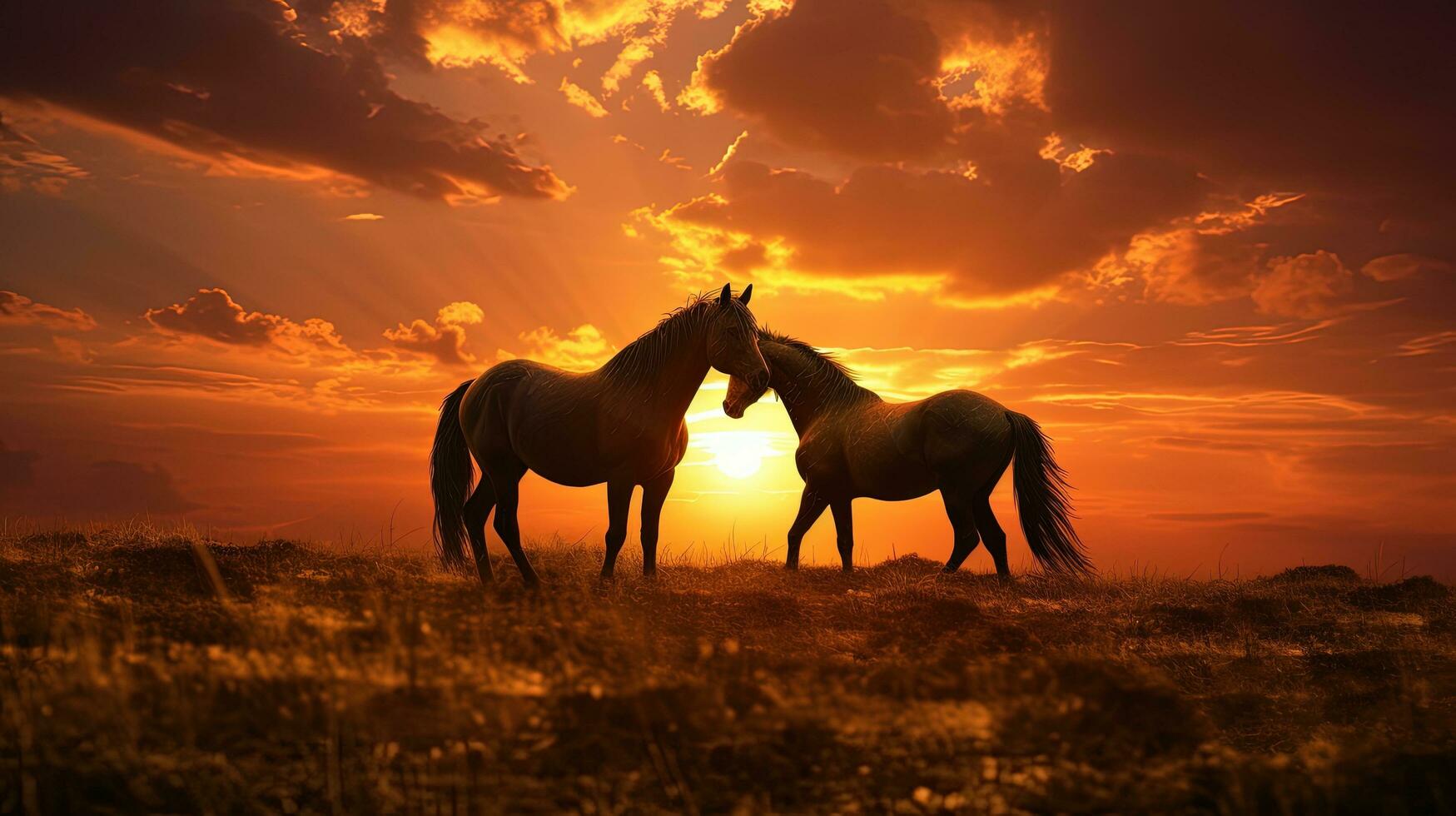 Horses on the field at sunset. silhouette concept photo