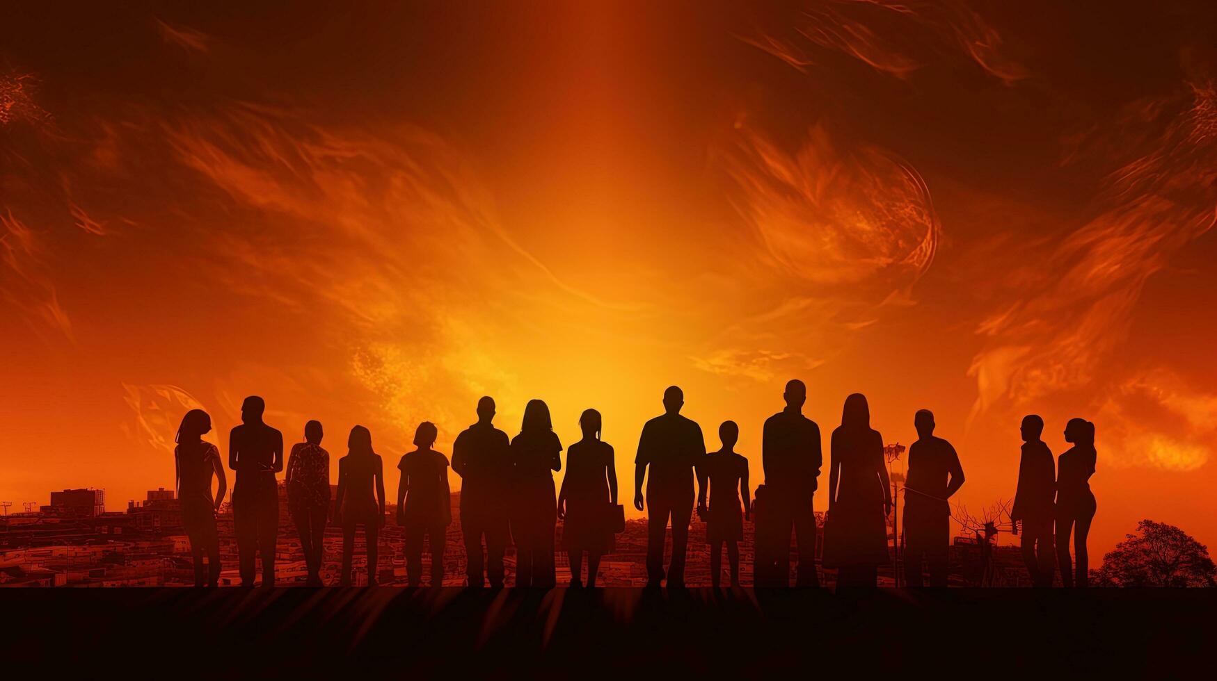 People s silhouettes against an orange sunset photo