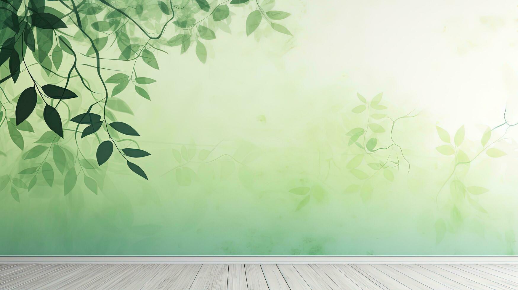Green shadow created by falling tree branch on white wall texture