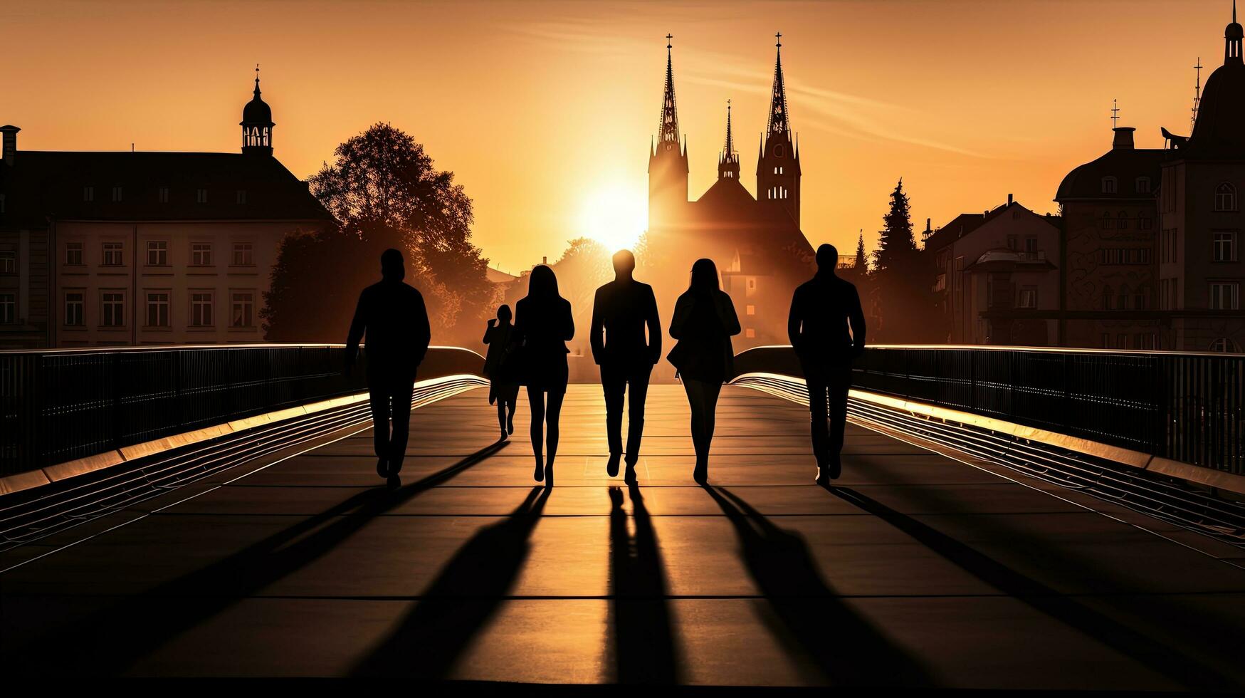 Pedestrians on Freiburg bridge cast shadows. silhouette concept photo